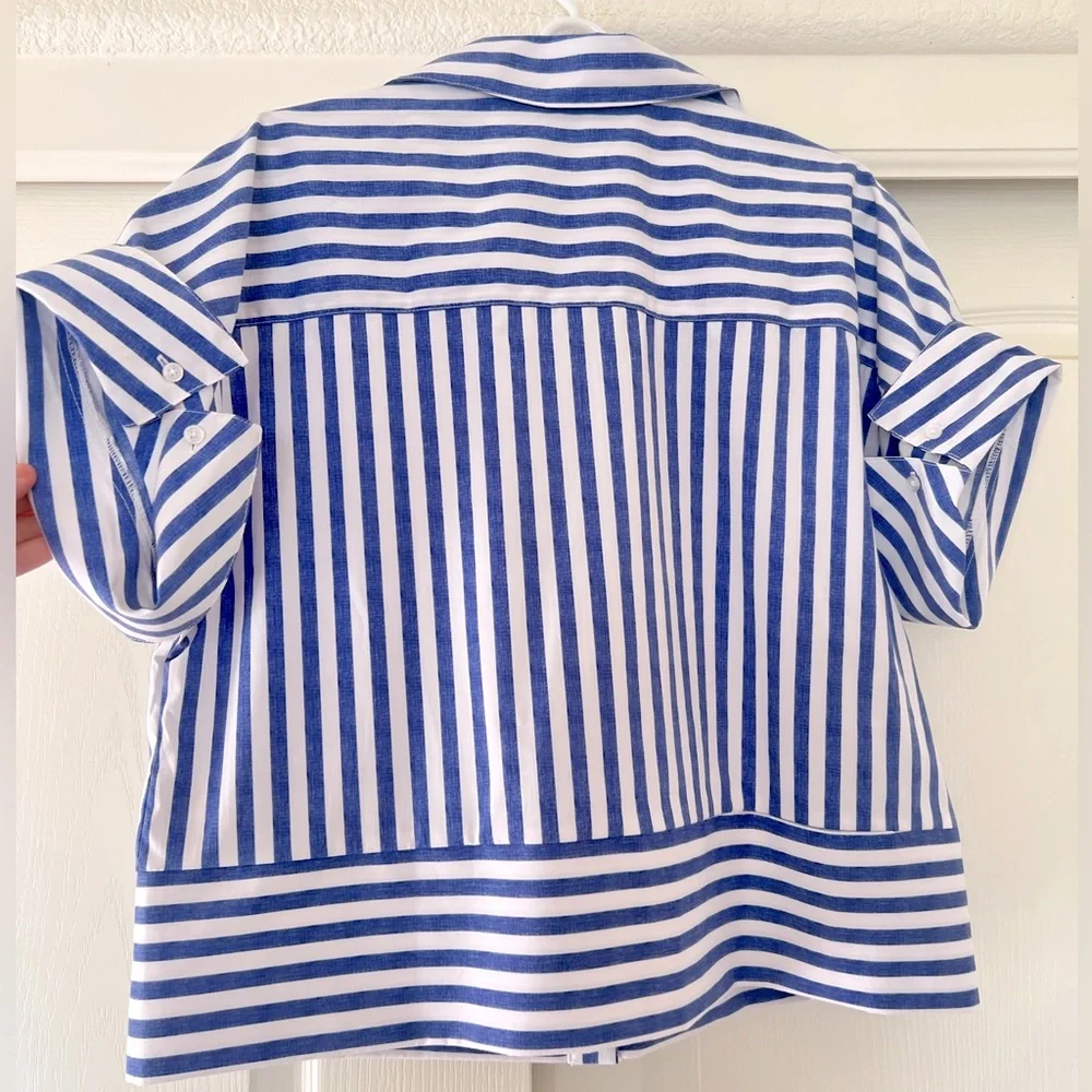 Hopes & Harlow White/Blue Stripe French-Cuff Button Down - Picture 3 of 8